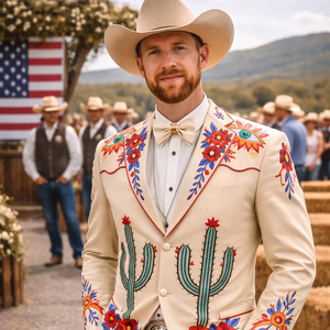 Traje Occidental Crema para Hombre con Bordado Floral y Diseño de Cactus – Conjunto de Blazer y Pantalón Estilo Vaquero para Boda - Product Image 1