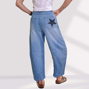 Women's Mid-Rise Star Printed <b>Balloon</b> Jeans Vintage Baggy Horseshoe Breathable Y2K Style Ankle Pants with Logo Waist - Product Image 6