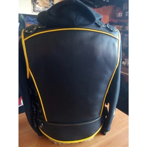 Custom <b>Black</b> Leather Motorcycle Biker <b>Vest</b> with Yellow Piping, Buckle Closures, Shoulder Straps and Multiple Zipper Pockets - Product Image 2