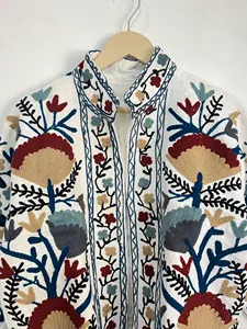 White Suzani Embroidered Jacket Cotton Boho <b>Floral</b> Handcrafted Ethnic Women Coat Stand Collar Vintage Style Outerwear - Product Image 5