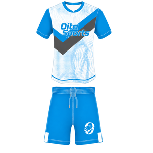 Conjunto de Uniforme de Rugby de Manga Corta en Azul Cielo, Blanco y Gris, Jersey de Rugby con Cuello Redondo y Diseño Gráfico, Pantalones Cortos con Cordón, Ropa Deportiva para Equipo - Product Image 1