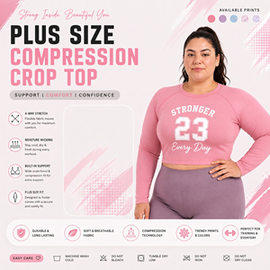 Haut court imprimé grande taille pour femme, à manches longues, respirant, en maille, pour l'entraînement, la gym et le yoga, couche de base - Product Image 2