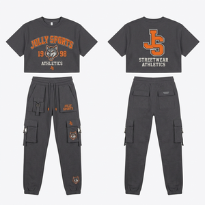 Women Brown 320 GSM Cotton Polyester Fleece Crop <b>Top</b> Jogger Set <b>Rhinestone</b> Heat Transfer Custom Logo Women's Set - Product Image 2