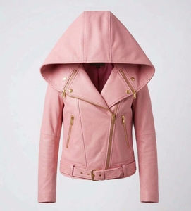 Chaqueta de Moto con Capucha de Cuero Sintético Rosa, Cierre de Cremallera, Diseño con Cinturón, Estilo Otoñal para Mujer - Product Image 5