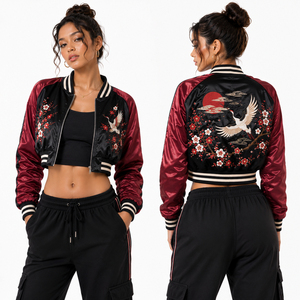 Custom Women's Winter Varsity Crop Jackets Woven Breathable <b>Canvas</b> <b>Plain</b> Dyed Button Raw Cotton Lining Customized Colors Sizes - Product Image 1