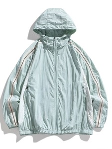<b>Light</b> Green Hooded Windbreaker <b>Jacket</b> Unisex Quick Dry Polyester Canvas Casual Autumn Sporty Zipper Closure Loose Fit Regular - Product Image 1