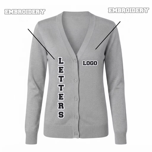 Custom logos Women Knit <b>Cardigan</b> Sweater V Neck Gray Solid Color Long Sleeve Button Front Embroidered Logo Greek Sorority - Product Image 1