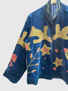 Blue Floral Embroidered <b>Velvet</b> Jacket Mandarin Collar Full Sleeve Plus Size Women's Autumn Wear - Product Image 5