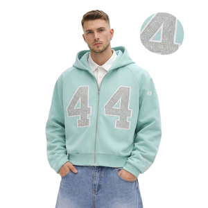 Wholesale Custom Rhinestone Zip Up Hoodies Heavyweight 400gsm Cotton Boxy Fit Streetwear <b>Top</b> Quality Men Hoodie Manufacturer - Product Image 1