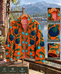 Veste Bohème Brodée Oranges, Fleurs et Grenades, Motif Artistique Bleu, Style Suzani, Art Populaire, Blazer Hiver Botanique - Product Image 2