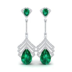 Boucles d'oreilles longues pendantes REYES personnalisées en or 14 carats avec émeraude verte et diamants pour femmes, bijoux pour mariage et soirées. - Product Image 2