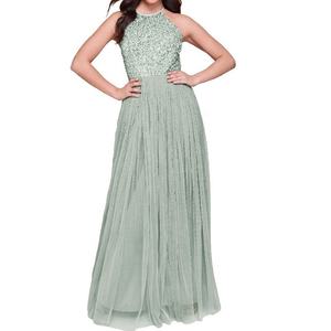 Modern Elegant Halter Neck Embellished <b>Sequin</b> Top Pleated Maxi Bridesmaid Dresses Empire Waistline Plus Size Tulle <b>Skirt</b> - Product Image 4
