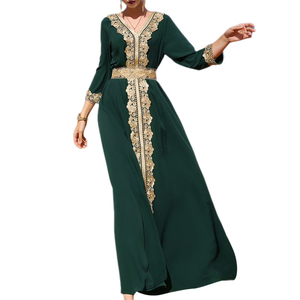 Elegant <b>Green</b> Chiffon Luxury Maxi Dress V-Neck Long Sleeve Embroidered Rhinestone A-Line Gown Handmade Solid Color Evening Dress - Product Image 1