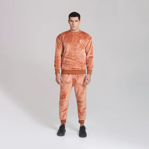 Men's Orange <b>Tie</b> <b>Dye</b> Fleece Tracksuit Full Sleeve Crew Neck Casual Jogging <b>Set</b> With Side Pockets Winter Wear - Product Image 1