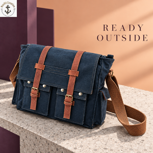 Navy Blue Canvas Crossbody <b>Bag</b> for <b>Men</b> | Vintage Messenger <b>Shoulder</b> <b>Bag</b> with Dual Front Pockets Buckle Straps Wide Carry Belt - Product Image 4