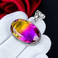 Pendentif bicolore en tourmaline serti clos, en argent sterling 925, fait main, ovale, à facettes, style bohème, cadeau de mariage, pour fête