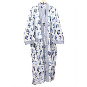 Kimono japonais de haute qualité 100% coton, vêtements d'été colorés pour femmes, imprimé feuilles bleues, col en V, manches longues, fermeture à ceinture, longueur intégrale - Product Image 5