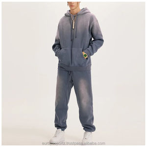 Ensemble de survêtement personnalisé épais avec broderie vieillie, rayures délavées par le soleil, sweat à capuche zippé et pantalon de survêtement évasé délavé à l'acide - Product Image 3