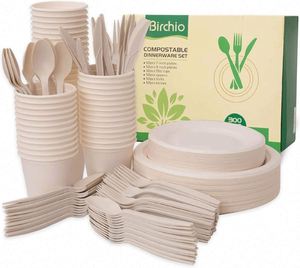 Ensemble de 10 assiettes et gobelets en papier de canne à sucre, compostables, avec revêtement UV, vaisselle de fête écologique - Product Image 1