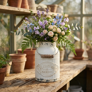 French Country Style White Metal Pitcher Embossed Decorative <b>Flower</b> Bucket Vintage Distressed Garden Vase Vintage Enamel Planter - Product Image 6
