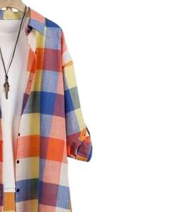 Vestido Camisero Largo a Cuadros Multicolor Personalizado para Mujer, Estilo Túnica Casual con Botones, Holgado y de Gran Tamaño, en Algodón y Lino - Product Image 2