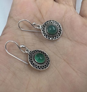 Natural Green Onyx Round Dangle <b>Earrings</b> Silver Plated Brass Handmade Gemstone <b>Hook</b> <b>Earrings</b> Vintage Boho Fashion Jewelry - Product Image 1