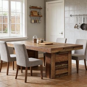 Tavolo da Pranzo in Legno Massello Rettangolare con Piano in Pietra Sinterizzata Effetto Marmo, Arredamento per Sala da Pranzo, Assemblato - Product Image 4