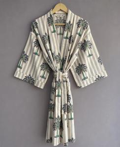 Robe Kimono Femme Imprimé Palmiers Tropicaux Coupe Ample Manches Trois-Quarts Coton Peignoir Robe d'Été Décontractée - Product Image 1