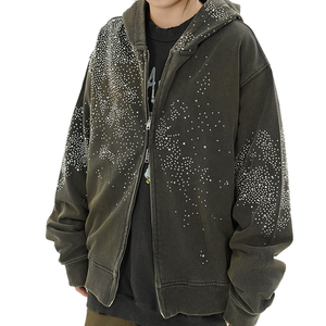 Blouson Streetwear Zippé à Capuche Unisexe Entièrement Orné de Cristaux Étoilés 2026 Noir Blanc Gris Coupe Oversize Boxy Scintillant HD - Product Image 2