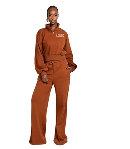 Embroidery Washed <b>Cropped</b> Sport Street Wear Custom Logo <b>Zip</b> <b>up</b> Two 2 Piece Sweatpants and Hoodie Set Joggers Tracksuits Womens - Product Image 2