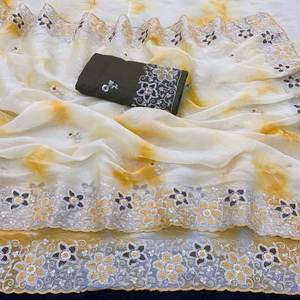 Sari Radiant Premium Gold Crush avec broderie de fils complexes et travail de paillettes scintillantes, accompagné d'un chemisier en soie de créateur - Product Image 6