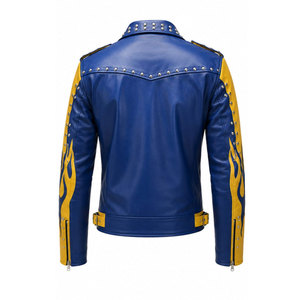 <b>Men's</b> Blue Yellow PU <b>Leather</b> Motorcycle <b>Jacket</b> With Flame Patches Rivets Zipper Closure Moto Biker Style Autumn Wear - Product Image 3