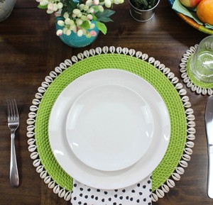 Lime Green Rattan <b>Placemat</b> With Shells Boho Woven Table Mat Cowrie Shell Fringe Tableware <b>Round</b> Straw Coaster Decorative Charger - Product Image 2