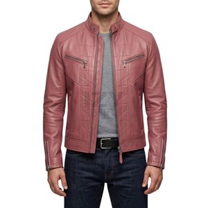 Chaqueta de cuero rosa polvo con cuello alto, botones a presión, cremalleras laterales verticales, costuras ajustadas y diseño único. - Product Image 1