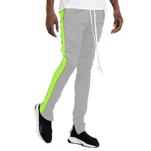 Pantalon de survêtement gris pour homme avec bande latérale vert fluo, taille élastique et cordon de serrage, décontracté, léger, respirant, en maille - Product Image 1