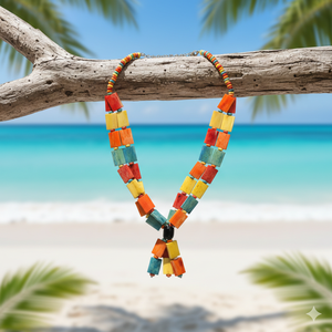 สร้อยคอทำมือจากกระดูกควายสามเส้น ดีไซน์ได้รับแรงบันดาลใจจากเวนิส พร้อมลวดลายเรขาคณิตสีสันสดใสและพู่ห้อยแสนเก๋ - Product Image 2