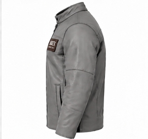 Chaqueta de Cuero PU Gris para Hombre, Estilo Motero, Cuello Alto, Cierre de Cremallera, Corte Ajustado, para Otoño - Product Image 3