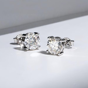 925 Sterling Silver 1.00+1.00CT Round Cut Moissanite Diamond <b>Stud</b> Earrings Classic 4 Prong Setting Women Fine Jewelry Gift - Product Image 2