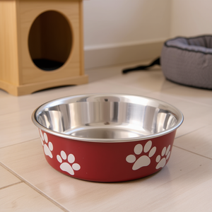 Bol pour animaux de compagnie en acier inoxydable 1,5 L rouge avec motif de patte pour chiens et chats - Product Image 3