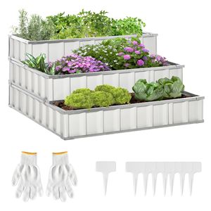 Fioriera Rialzata Quadrata in Metallo Bianco a 3 Livelli per Ortaggi e Erbe da Giardino - Kit Incluso Guanti - Product Image 1