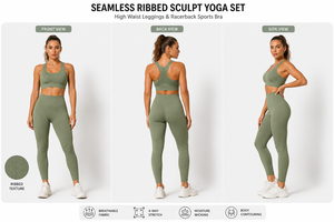 Women Seamless Ribbed <b>Yoga</b> <b>Set</b> High Waist Leggings Racerback Sports Bra Gym Fitness Activewear Wholesale - Product Image 6