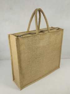 Sac fourre-tout en jute beige naturel avec fermeture à glissière, sac de courses réutilisable et écologique avec poignées en tissu résistant - Product Image 2