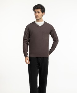 Men's Brown V-Neck Knitted <b>Pullover</b> <b>Sweater</b> Full Sleeve Solid Color Front Pocket Autumn Style - Product Image 2