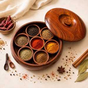 Natural Wooden Masala <b>Box</b> With Spoon And Partition Design For Indian Spice <b>Storage</b> And Kitchen Organization - Product Image 1