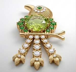 Broche et pendentif de luxe en or 14 carats plaqué rhodium, design oiseau, diamants de laboratoire, pierre précieuse verte pour femmes |   Bijoux fins de créateur - Product Image 2