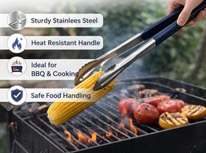 Stainless Steel Heavy Duty <b>Kitchen</b> <b>Tongs</b> 25 cm Heat Resistant Blue Handle | Multipurpose Cooking BBQ Serving <b>Tongs</b> for Food | - Product Image 3