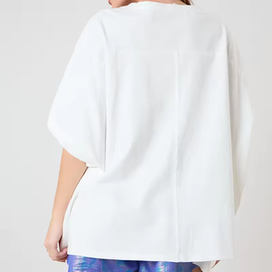 Women Oversized White Canvas T-Shirt Rhinestone Star Print Drop Shoulder O-Neck Regular Fit Spring Summer Quick Dry Anti-UV - Product Image 6