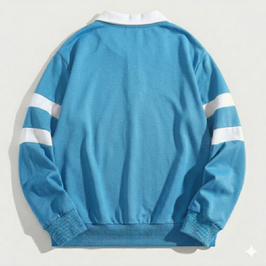 Polo homme sur mesure à manches longues en coton respirant, coupe ample, bleu ciel, col blanc rayé, pull-over. - Product Image 1