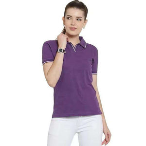 Polo à manches courtes pour femmes, couleur unie, col contrasté, haut tricoté décontracté - Product Image 1