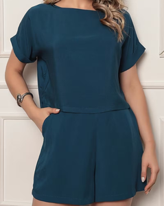 Women 2 Piece Shorts Set Solid Jersey O-Neck Short Sleeve Loose Fit Casual Spring Summer Soft Pockets Above Knee Length - Product Image 2